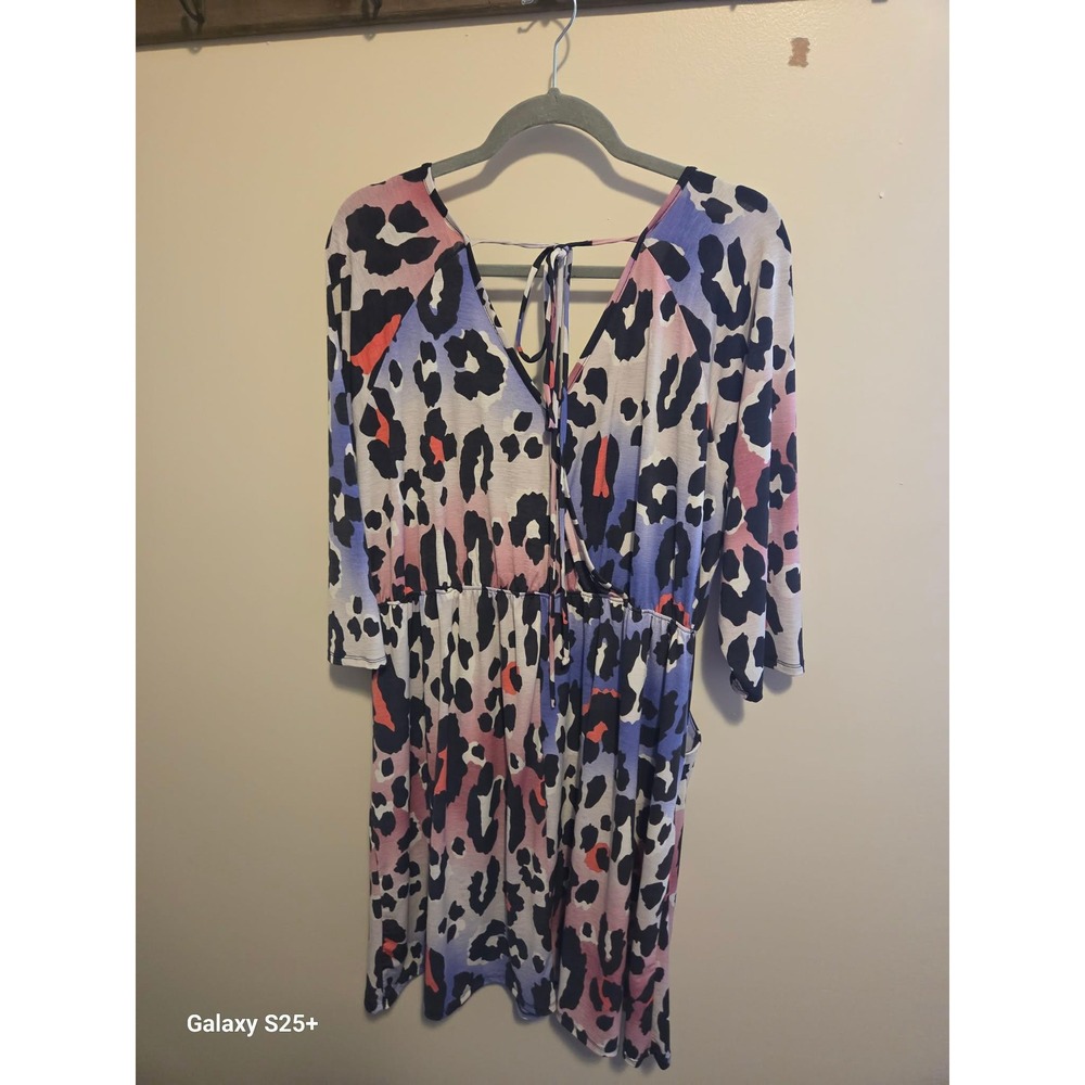 Animal Print Dress Womens Purple Pink Orange Excellent Mini V-Neck - Picture 2 of 3